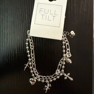 FULL TILT SILVER TONE 2 PACK ANKLET  SKULL DAGGER HEART CROSS